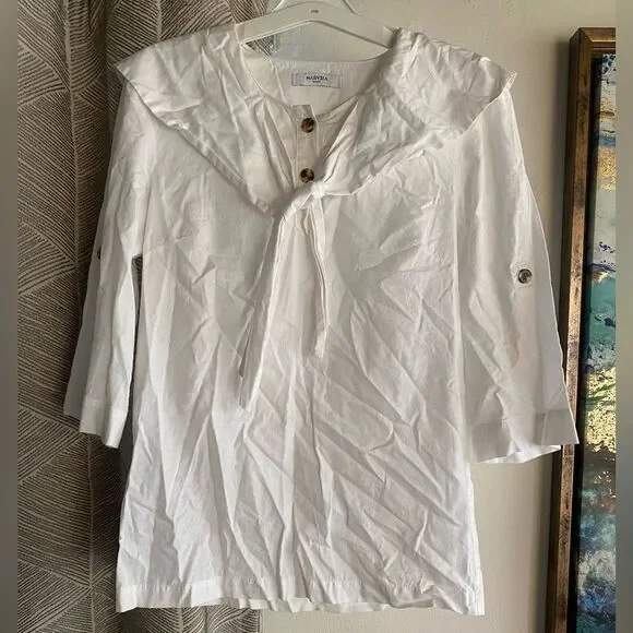 Marysia Resort Blouse White Three-Quarter Sleeve with V-Neck Sz Small - Picture 15 of 15